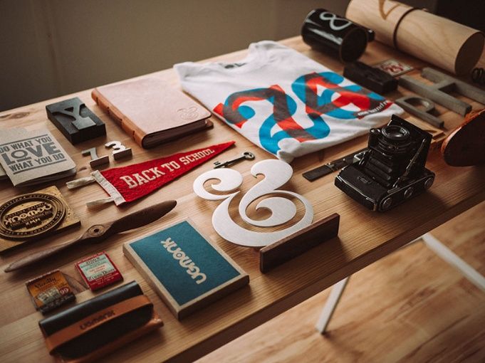 a layout of multiple branded elements displayed on a table